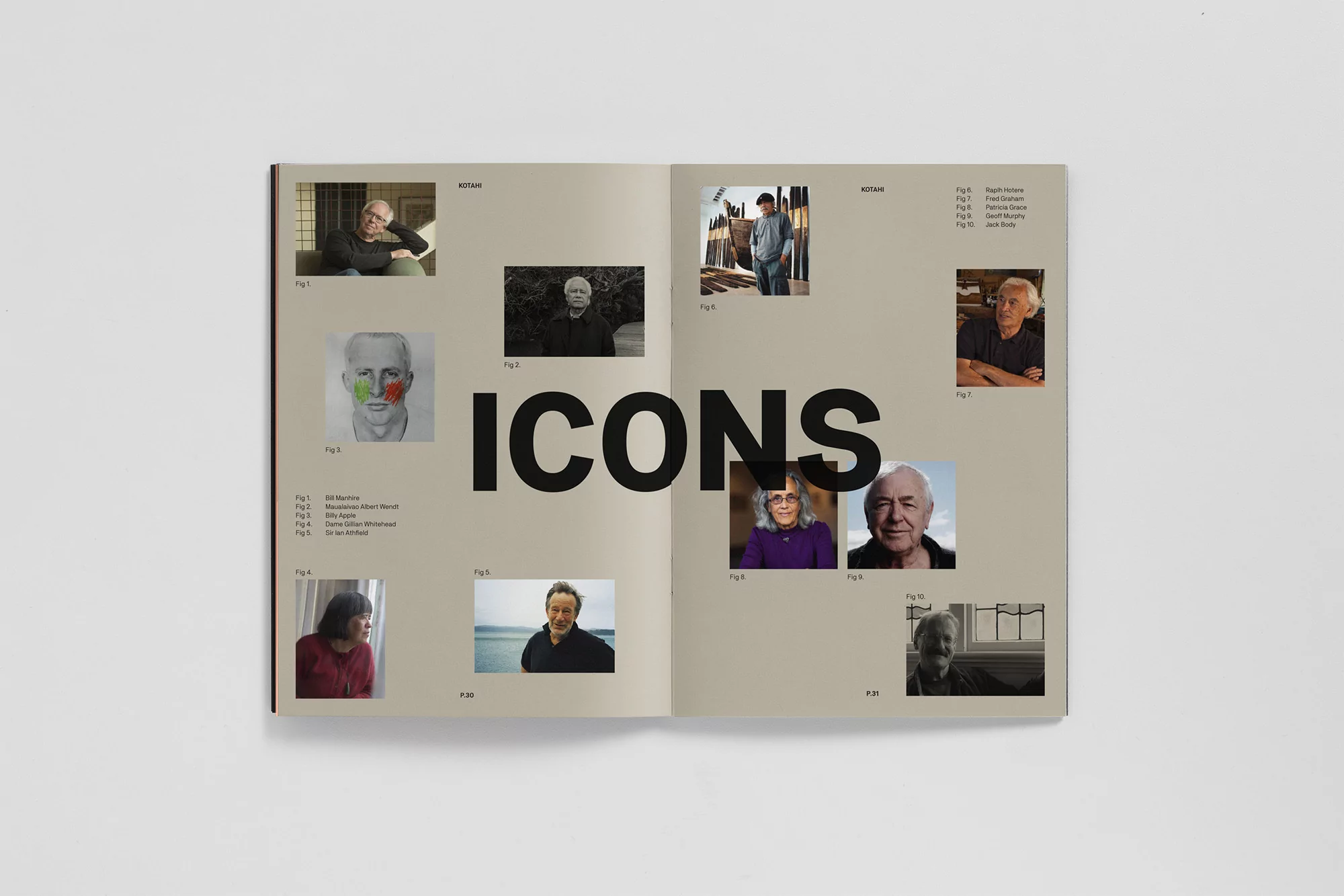 Open book spread featuring various portrait photographs of individuals, arranged in a collage style on tan pages with bold text 'ICONS'.