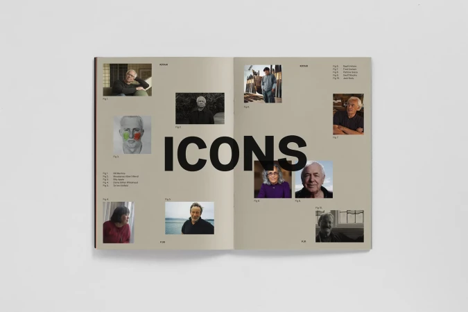 Open book spread featuring various portrait photographs of individuals, arranged in a collage style on tan pages with bold text 'ICONS'.