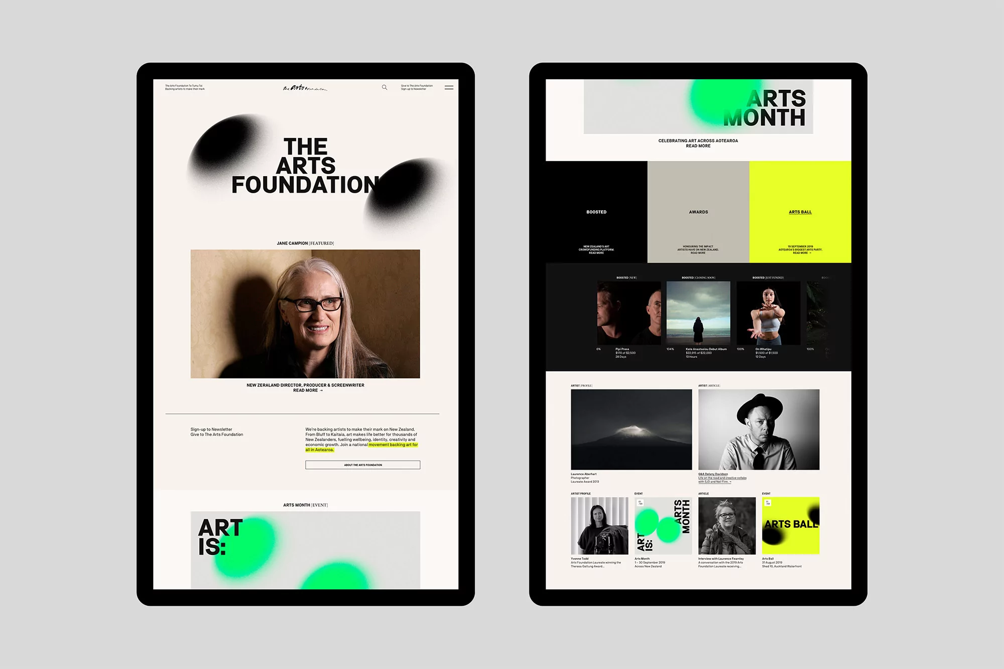 Website design showcasing The Arts Foundation with a woman's portrait and layout featuring text, graphics, and event listings on screens.