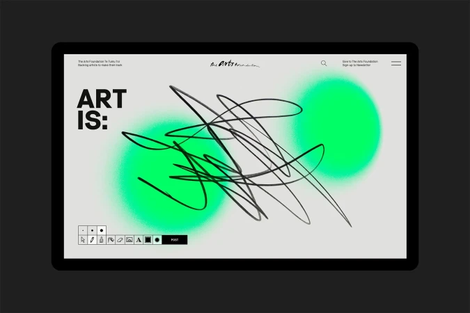 Digital art display featuring abstract black lines over bright green circles, shown on a tablet device against a dark background.