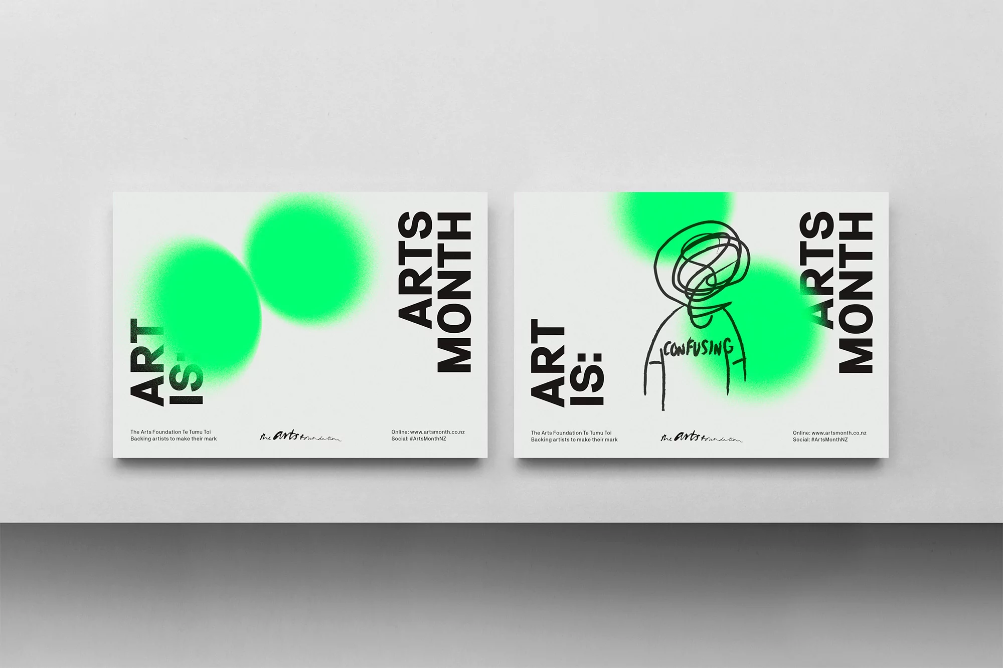 Two poster designs promoting Arts Month, one features stylized circles, the other a doodle of a figure labeled 'confusing'.