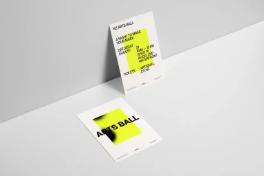 Two printed event posters featuring bold typography and bright yellow rectangular blocks displayed on a white surface.