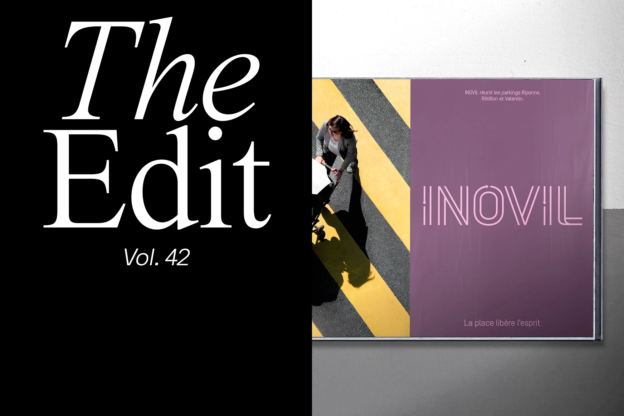 Magazine cover featuring a woman walking on a parking garage surface with yellow stripes, and text reading 'The Edit Vol. 42' and 'INOVIL'.