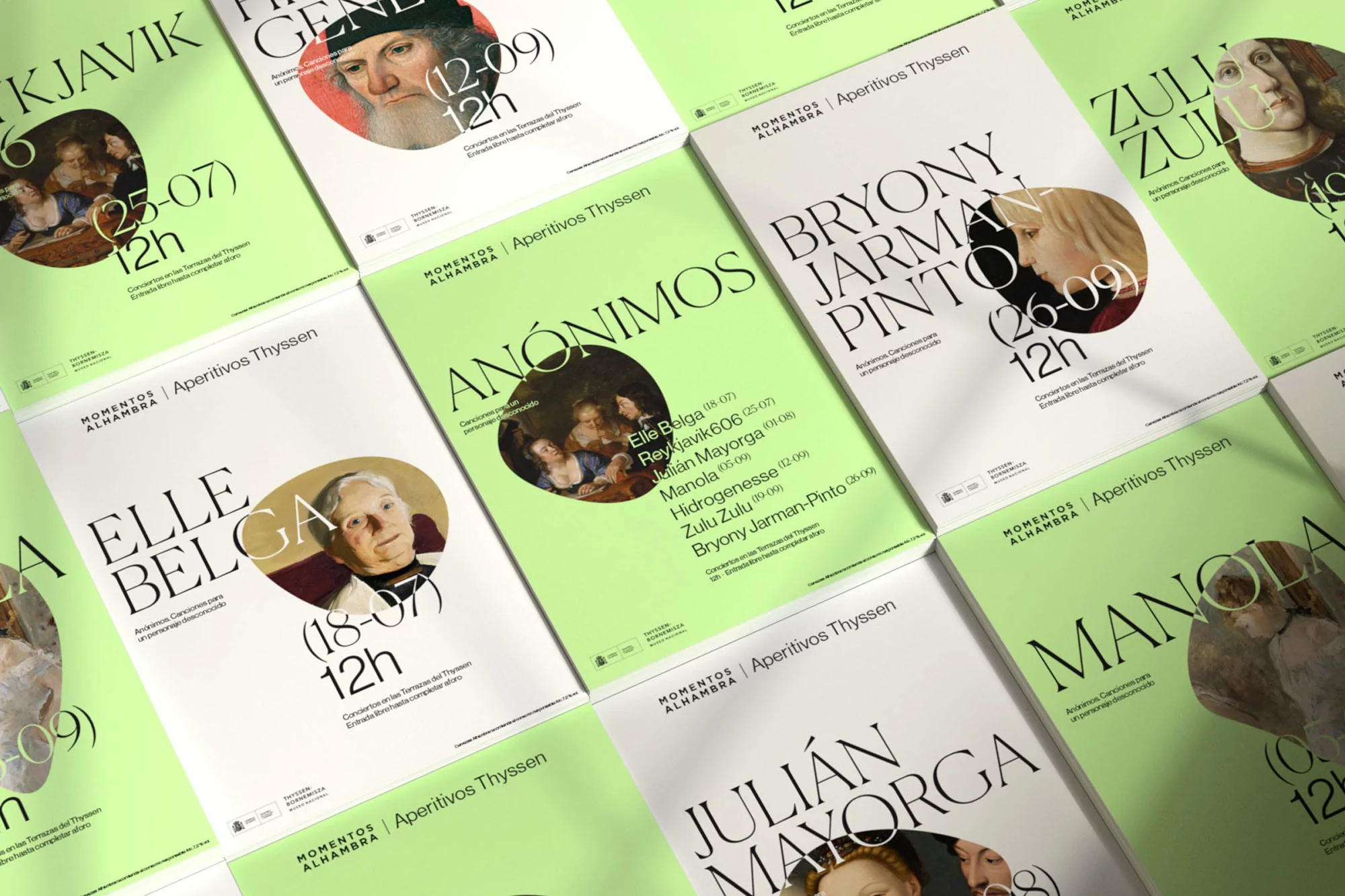 Promotional posters for Momento Alhambras Aperitivos Thyssen featuring portraits, dates, and event details on a light green background.