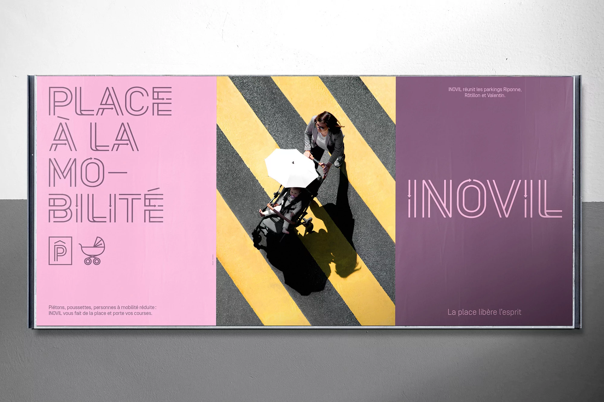 Outdoor advertisement poster featuring a woman pushing a baby stroller on a zebra striped parking lane, promoting urban mobility.