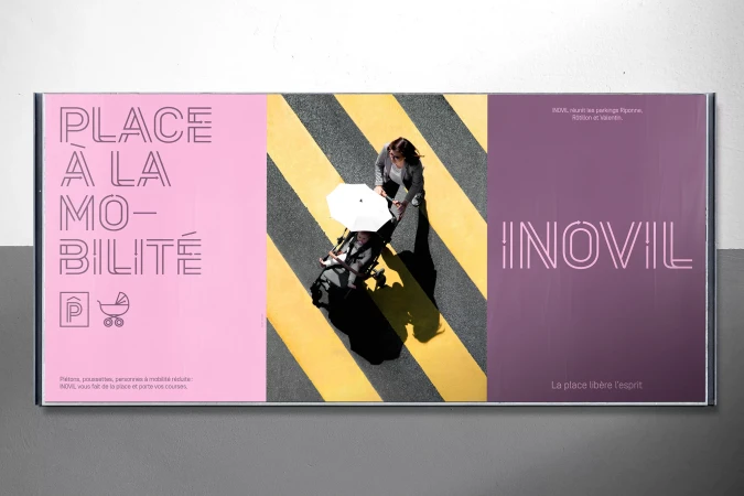 Outdoor advertisement poster featuring a woman pushing a baby stroller on a zebra striped parking lane, promoting urban mobility.