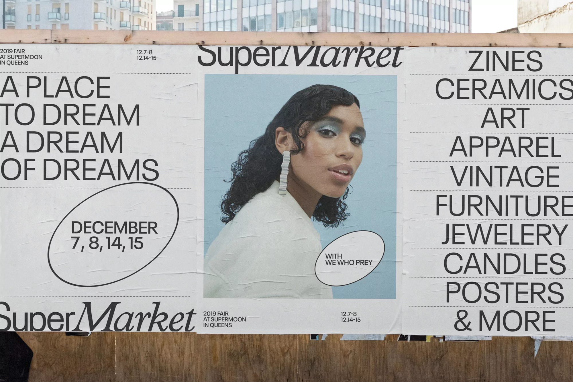 Poster for Super/Market fair in Queens with a model wearing jewelry, vintage apparel, promoting art, ceramics, furniture, and more.