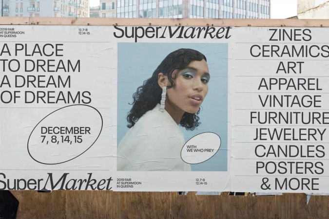 Poster for Super/Market fair in Queens with a model wearing jewelry, vintage apparel, promoting art, ceramics, furniture, and more.