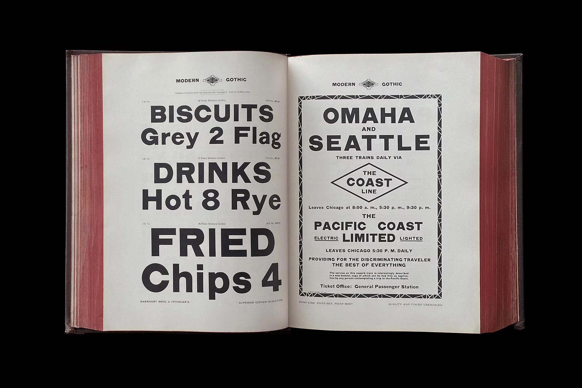 Open book featuring vintage advertising text for biscuits, drinks, and train travel to Omaha and Seattle with Pacific Coast line.