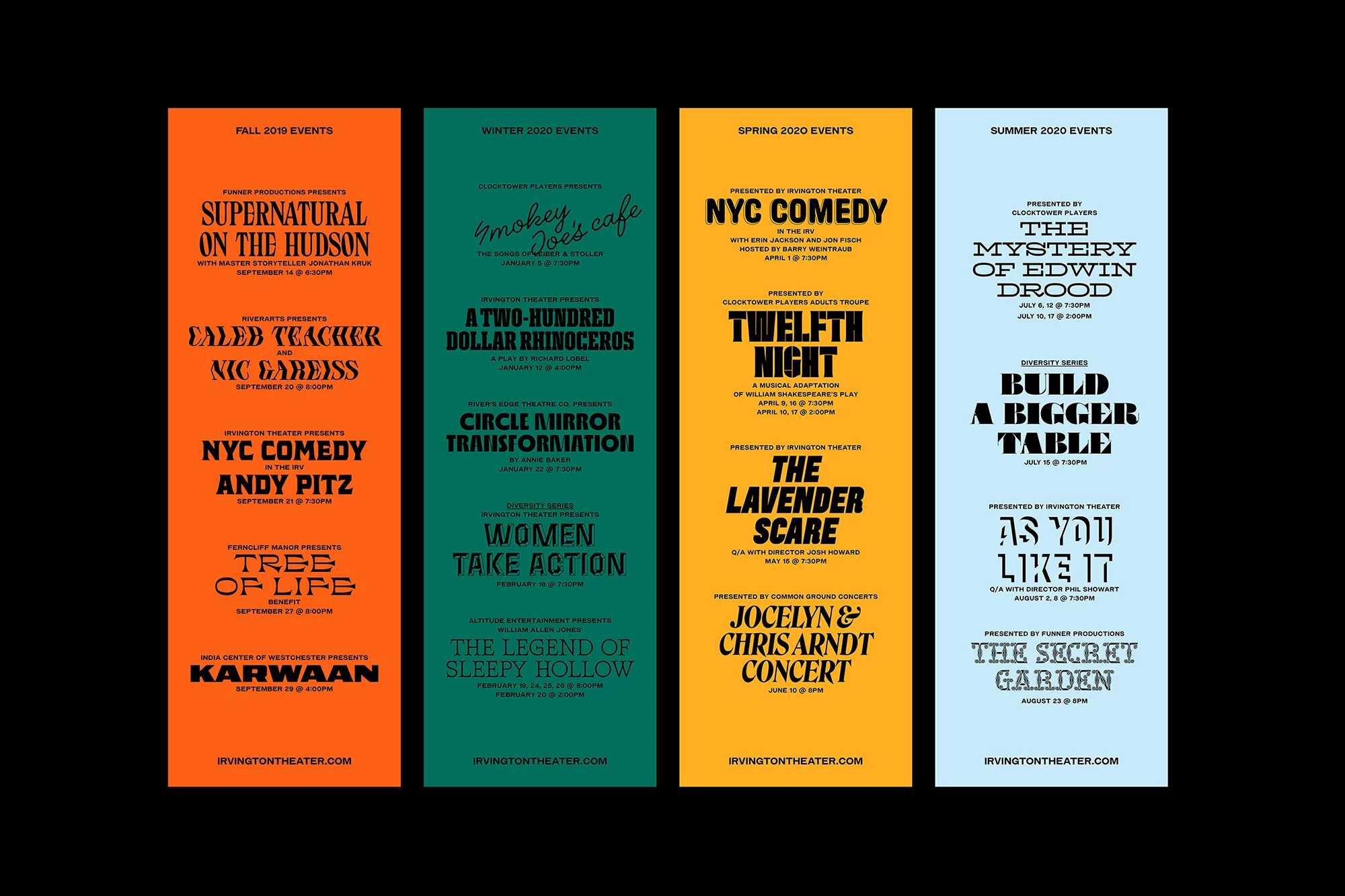 Promotional posters for events during Fall 2019, Winter, Spring, and Summer 2020 at Irvington Theater, featuring play titles and performance information.