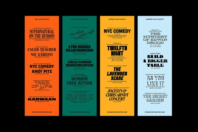 Promotional posters for events during Fall 2019, Winter, Spring, and Summer 2020 at Irvington Theater, featuring play titles and performance information.