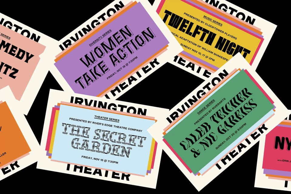 Collage of colorful theater posters announcing upcoming performances, including plays and dance, with event details and dates.