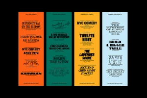 Four vertical colorful event posters in orange, green, yellow, and blue featuring bold typography for Irvington Theater.