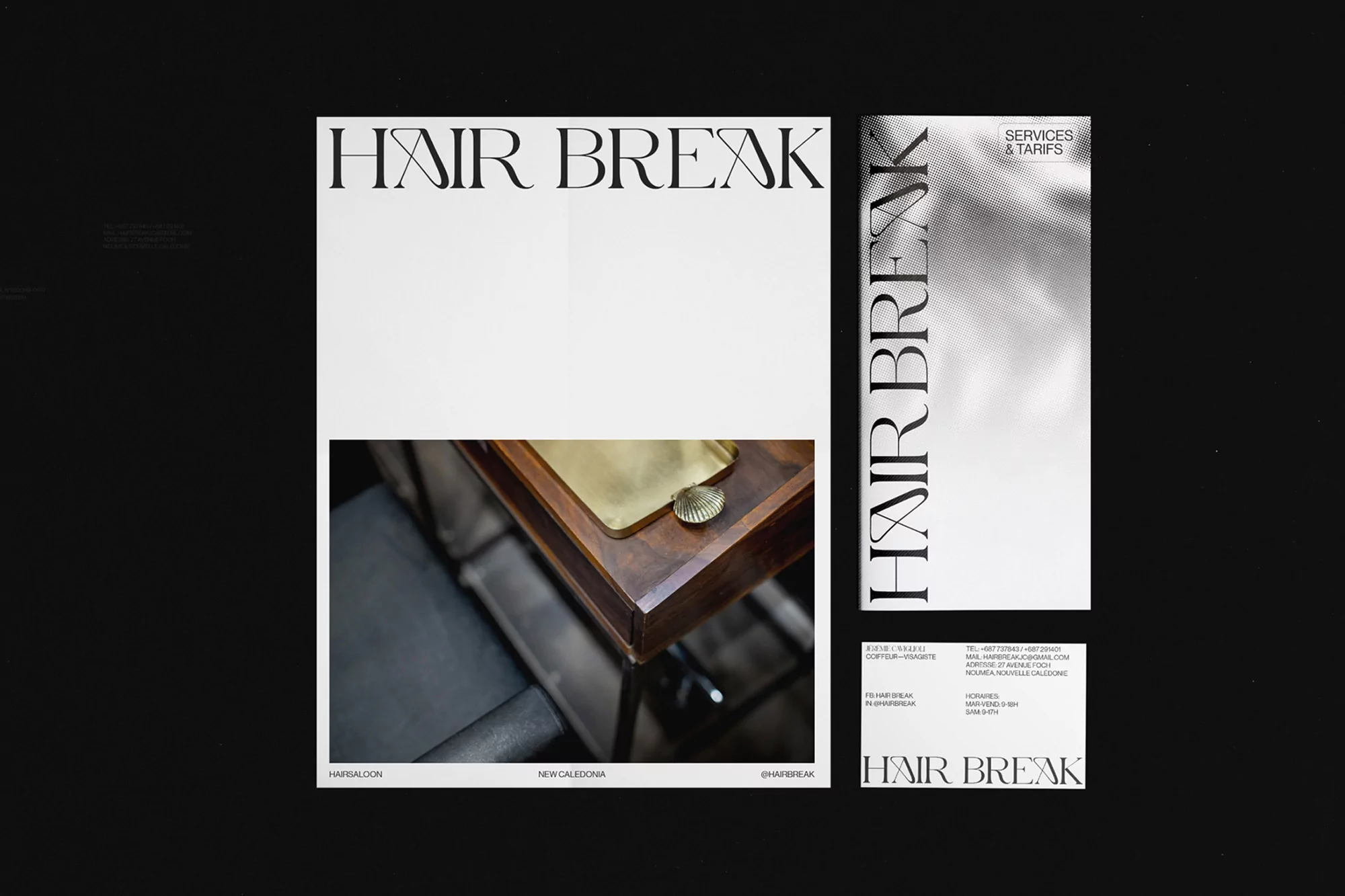 Graphic design featuring the Hair Break salon logo and interior details, presented on a black background with clean and modern typography.