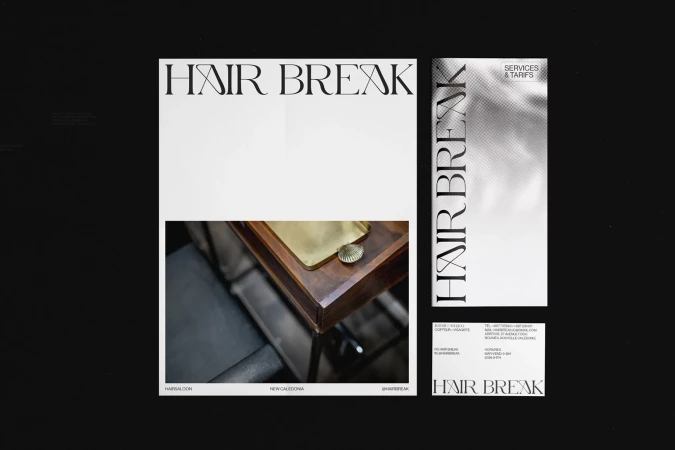 Graphic design featuring the Hair Break salon logo and interior details, presented on a black background with clean and modern typography.