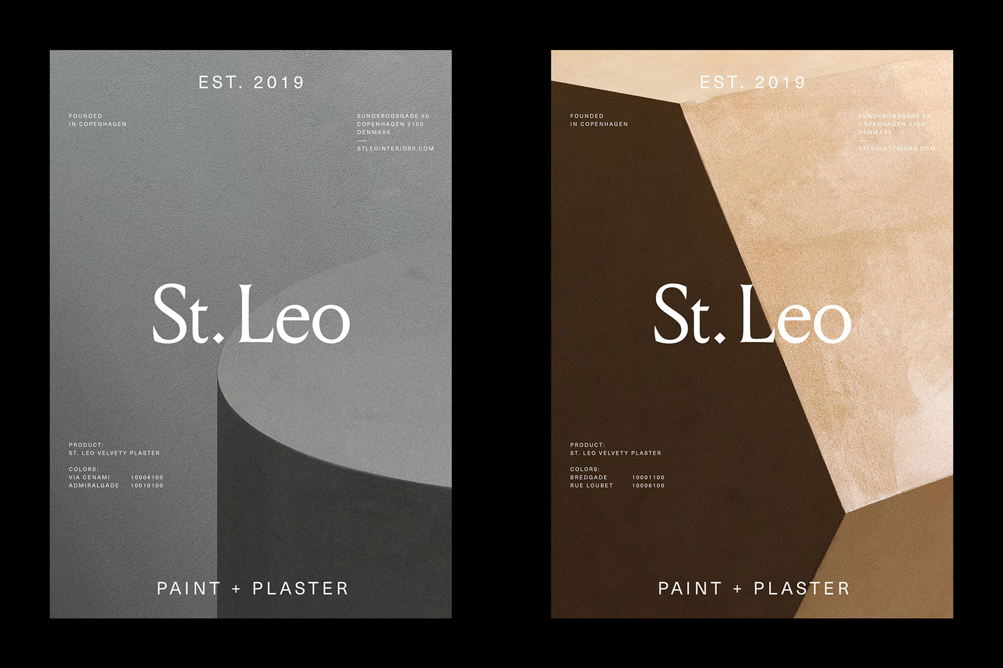 Two marketing posters for St. Leo paint and plaster, both featuring the brand name and product information on neutral, textured backgrounds.