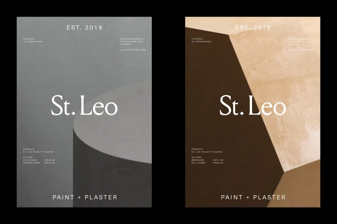 Two marketing posters for St. Leo paint and plaster, both featuring the brand name and product information on neutral, textured backgrounds.