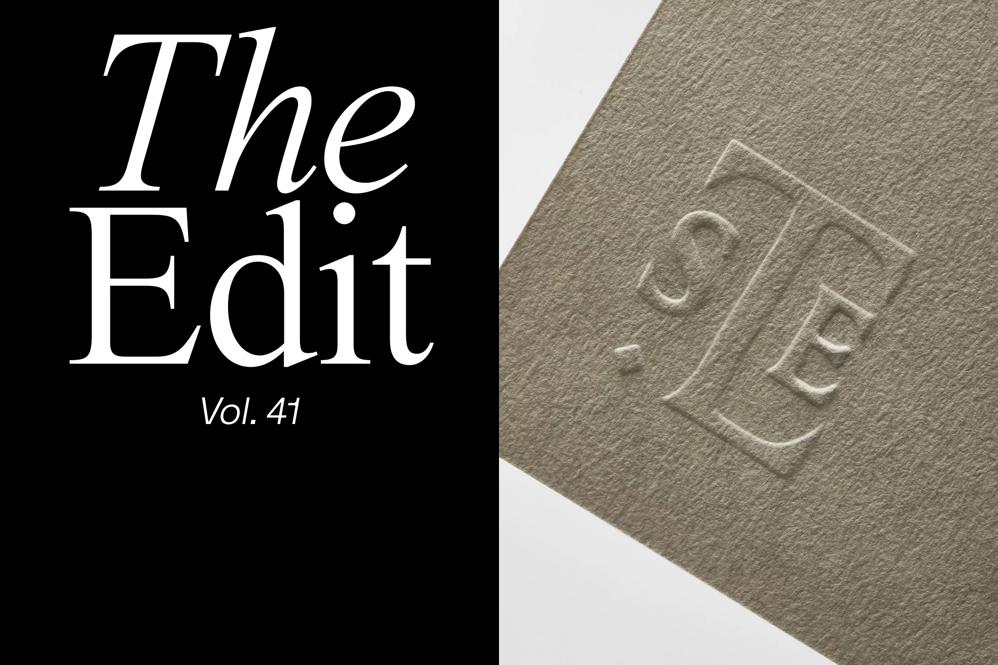 Minimalist aesthetic with a textured card featuring an embossed logo, complemented by bold white typography on a black background.