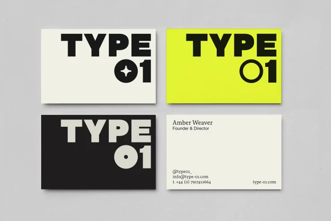 Four business cards showcase the typography and branding for Type01, featuring a black and white, yellow, and ivory color palette.