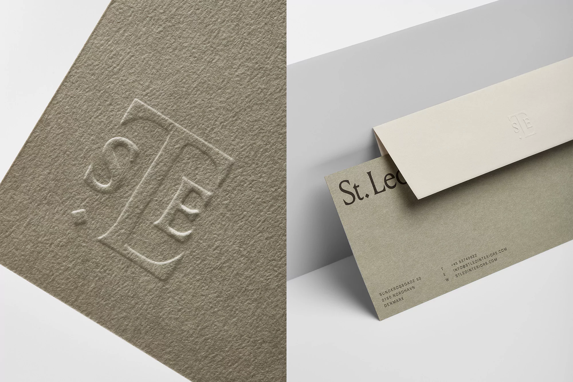 Stationery mock-up featuring an embossed card with logo, an envelope, and a business card, all in neutral, complementary color palette.