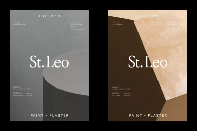 Two vertical minimalist brand identity posters for St. Leo showcasing paint and plaster finishes with typography.