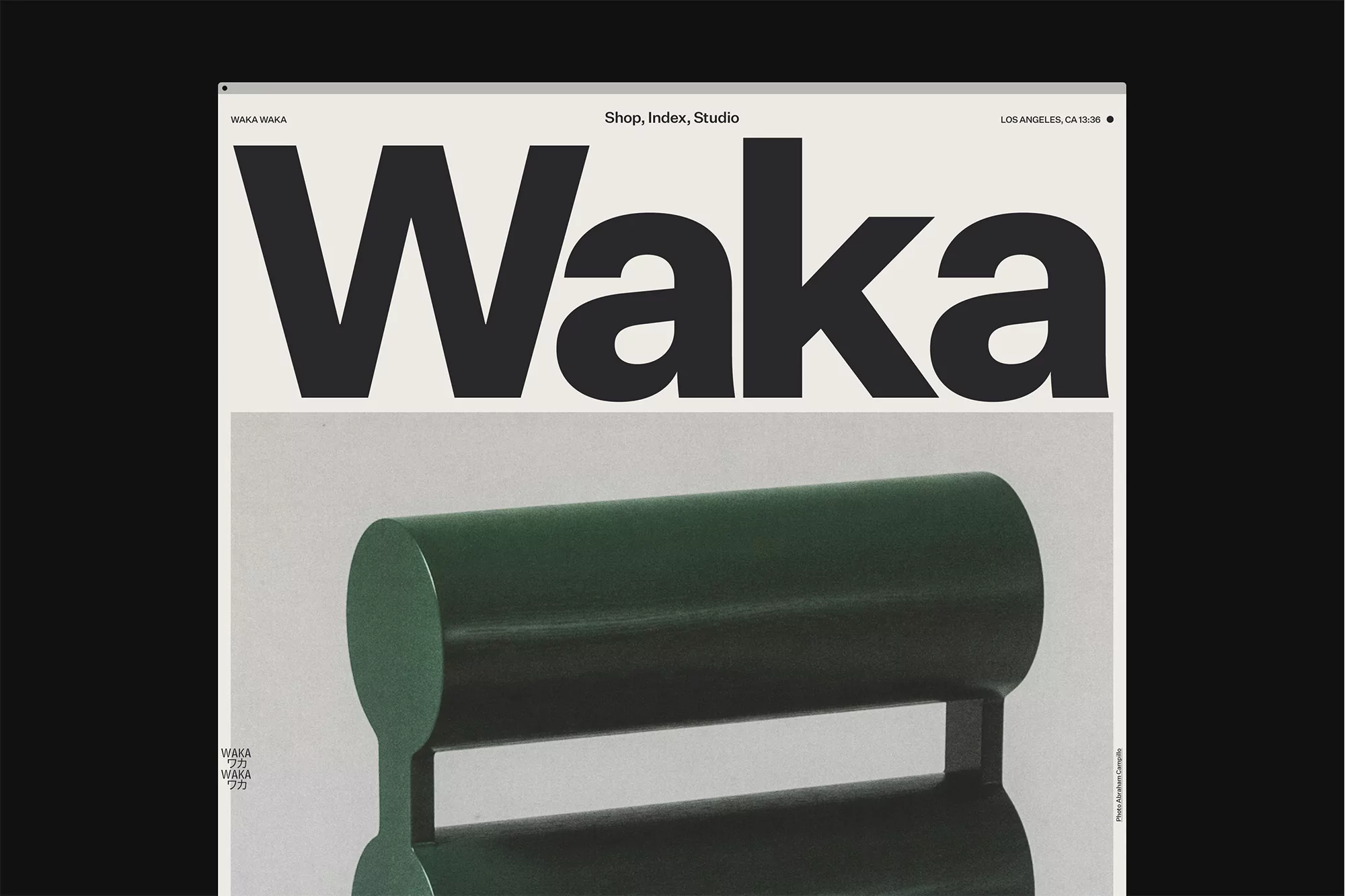 Green structural chair on off-white background, featuring large black text 'Waka' above. Minimalist furniture design with studio lighting.