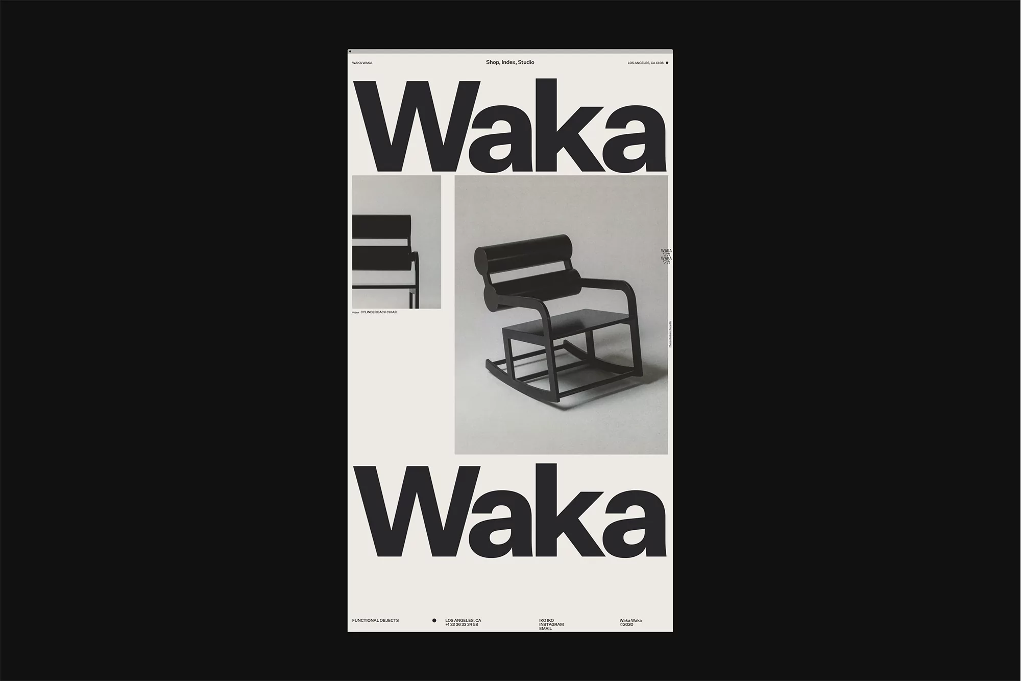 Modernist chair is presented in a product advertisement for Waka, featuring a rocking chair and matching side chair, with typography.