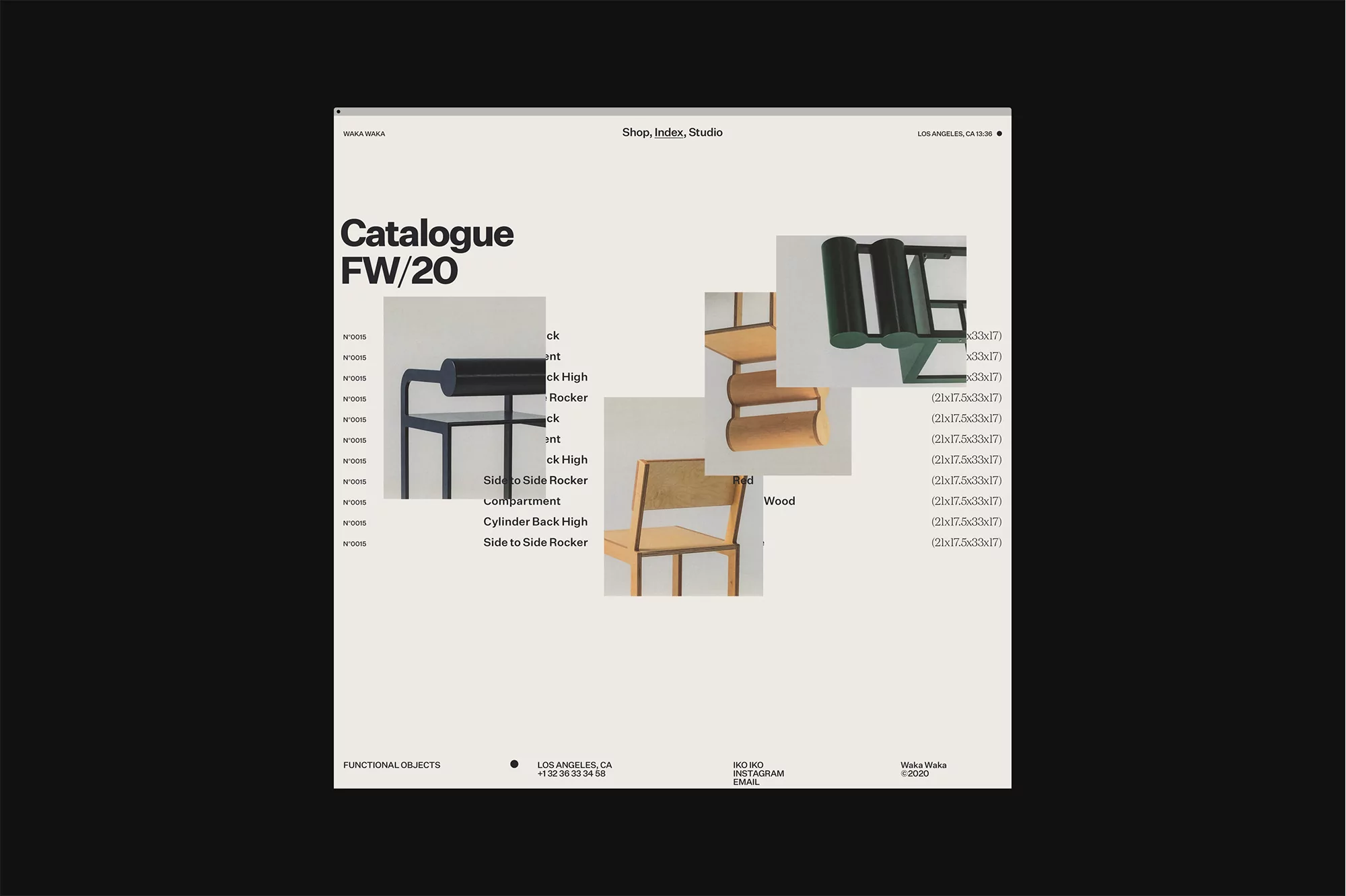 Catalogue FW/20 featuring an arrangement of contemporary chair designs with a minimalist style, showcasing various shapes and materials.
