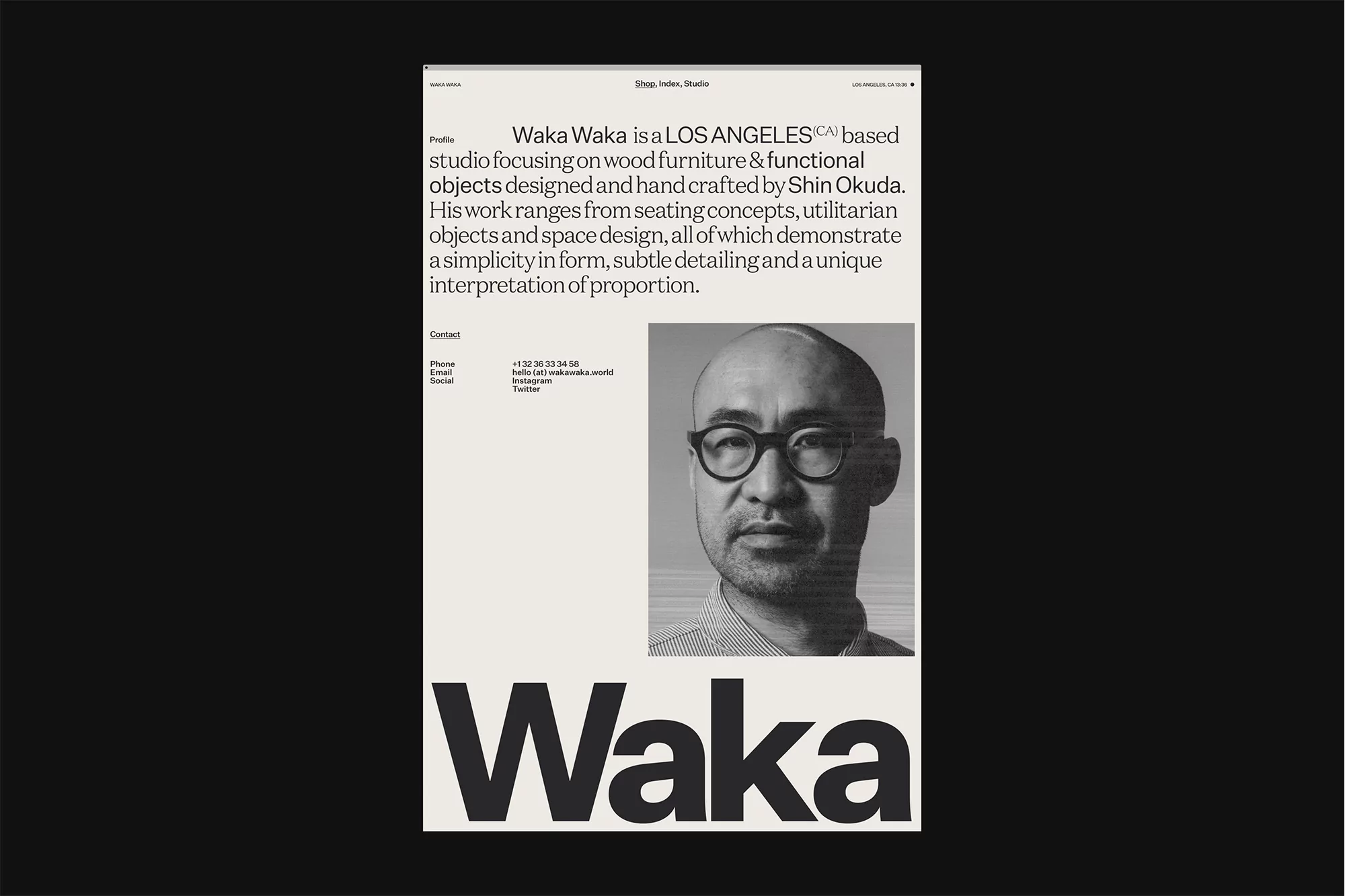 Monochromatic portrait of Shin Okuda beside furniture studio advertisement. Professional headshot next to descriptive text and Waka brand logo.