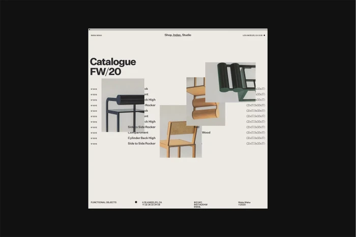 Web design interface layout showcasing furniture catalogue for Waka Waka with minimalist typography.
