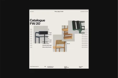 Web design interface layout showcasing furniture catalogue for Waka Waka with minimalist typography.
