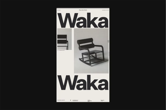 Web design brand identity layout for Waka Waka featuring bold typography and product photography of a black wooden chair.