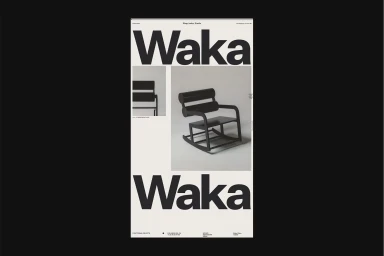 Web design brand identity layout for Waka Waka featuring bold typography and product photography of a black wooden chair.