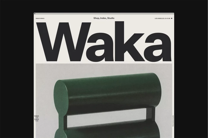 Minimalist digital brand identity layout for Waka Waka featuring bold typography and a green sculptural furniture piece.
