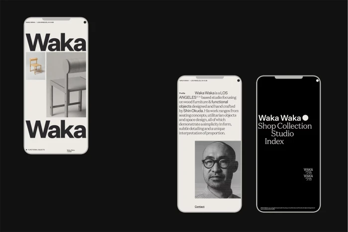 Three mobile phone screens displaying the Waka Waka brand identity featuring typography, wooden furniture, and a portrait.