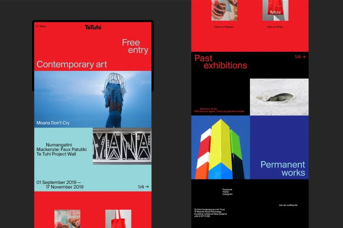 Website display of a contemporary art gallery. Features art exhibits, event listings, and gallery information, with vibrant red and blue accents.