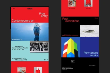 Digital interface screens showing contemporary art gallery website design for TeTuhi with bold red, blue and black blocks