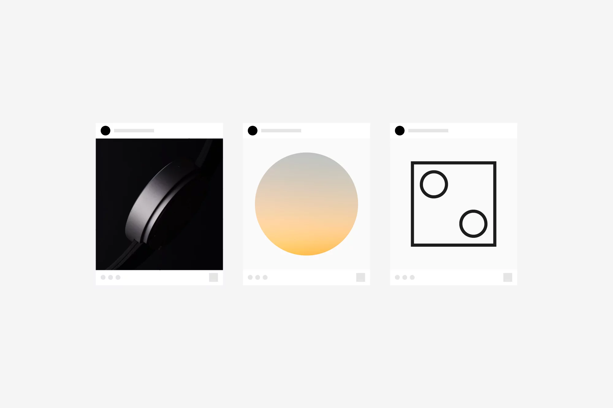Digital collage of three minimalist images in social media frames: wristwatch, gradient circle, and geometric design.