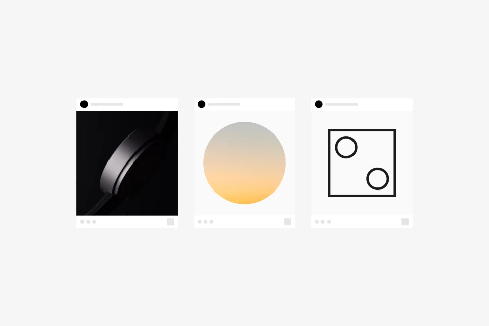 Digital collage of three minimalist images in social media frames: wristwatch, gradient circle, and geometric design.