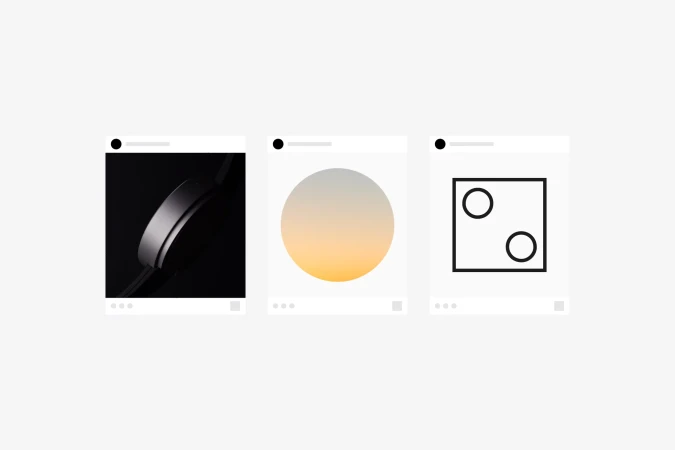 Digital collage of three minimalist images in social media frames: wristwatch, gradient circle, and geometric design.