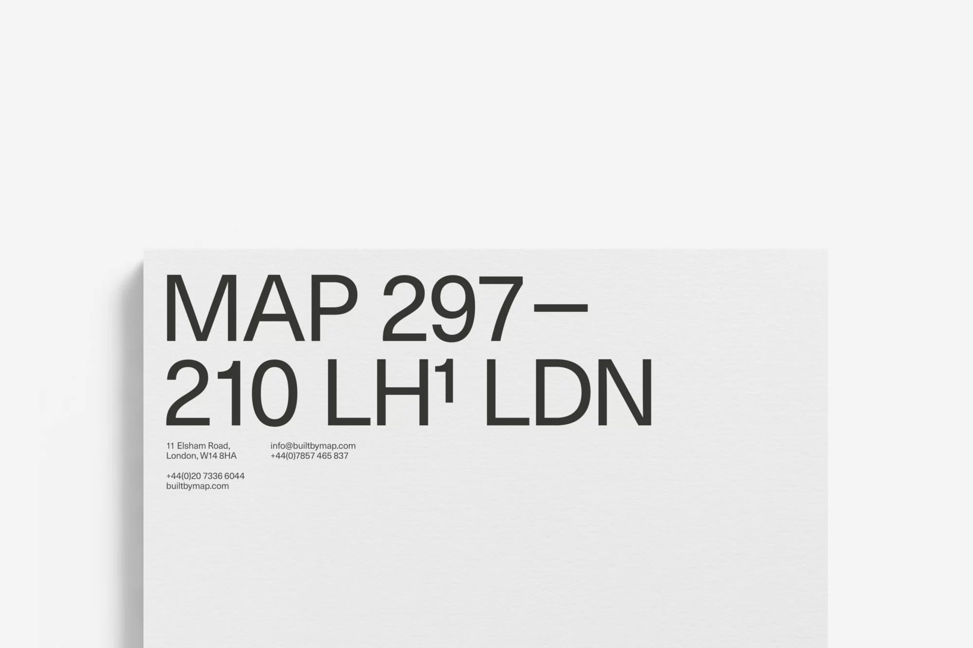 Text graphic on a white background featuring 'MAP 297-210 LH1 LDN' in large, bold font and smaller contact information below.