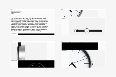Four-panel layout showcasing MAP brand identity design featuring minimalist typography, interface mockups, and watch product shots.