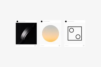 Three social media interface mockups displaying graphic design elements on a plain white background.