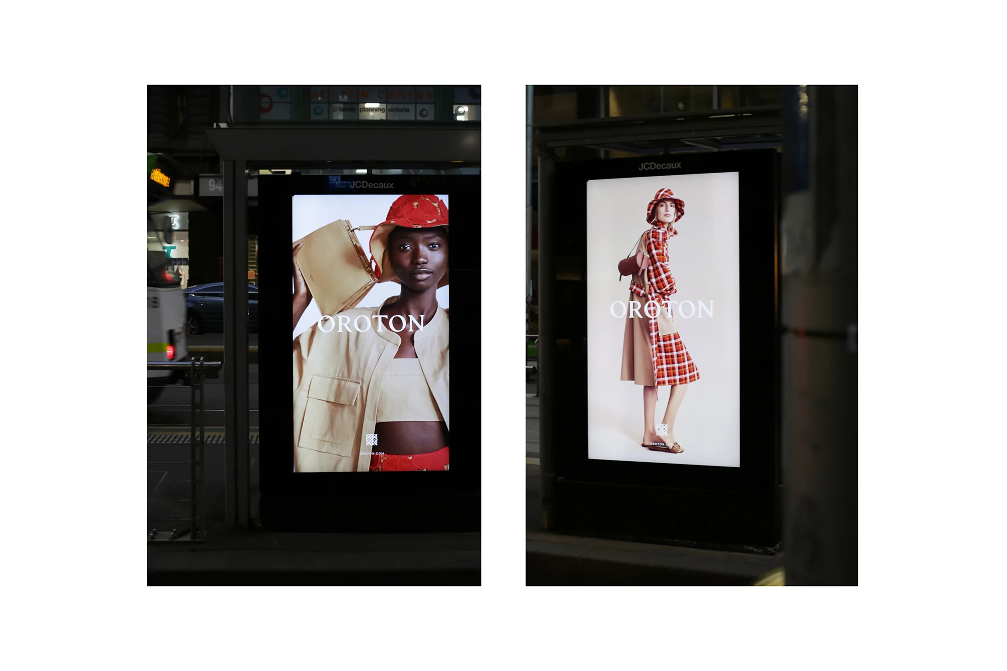 Fashion advertisement featuring a black female model in a bucket hat, jacket, and bag for the brand Oroton, set in an urban environment.