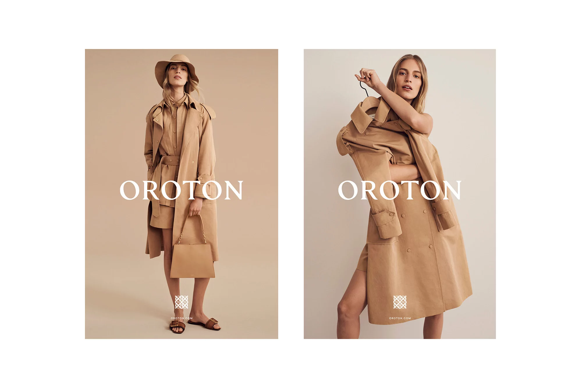 Fashion editorial featuring two women modeling a beige trench coat and matching accessories, captured in a photo studio setting.