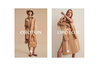 Two fashion campaign panels featuring a female model wearing beige trench coats, holding a matching handbag and clothing hanger.