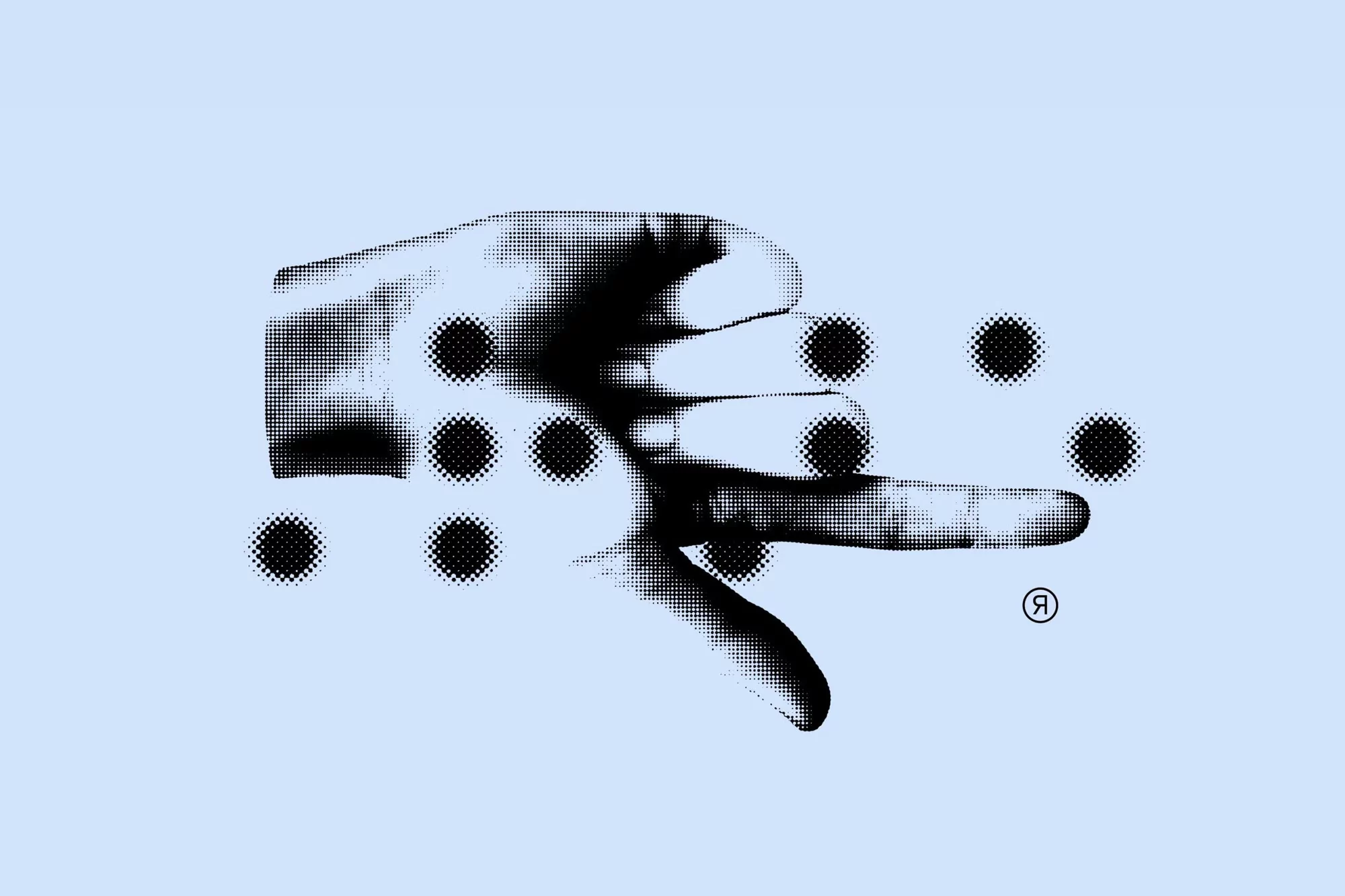 Digitally altered hand points with halftone effect and dot pattern on a light blue background, creating a graphic illustration.