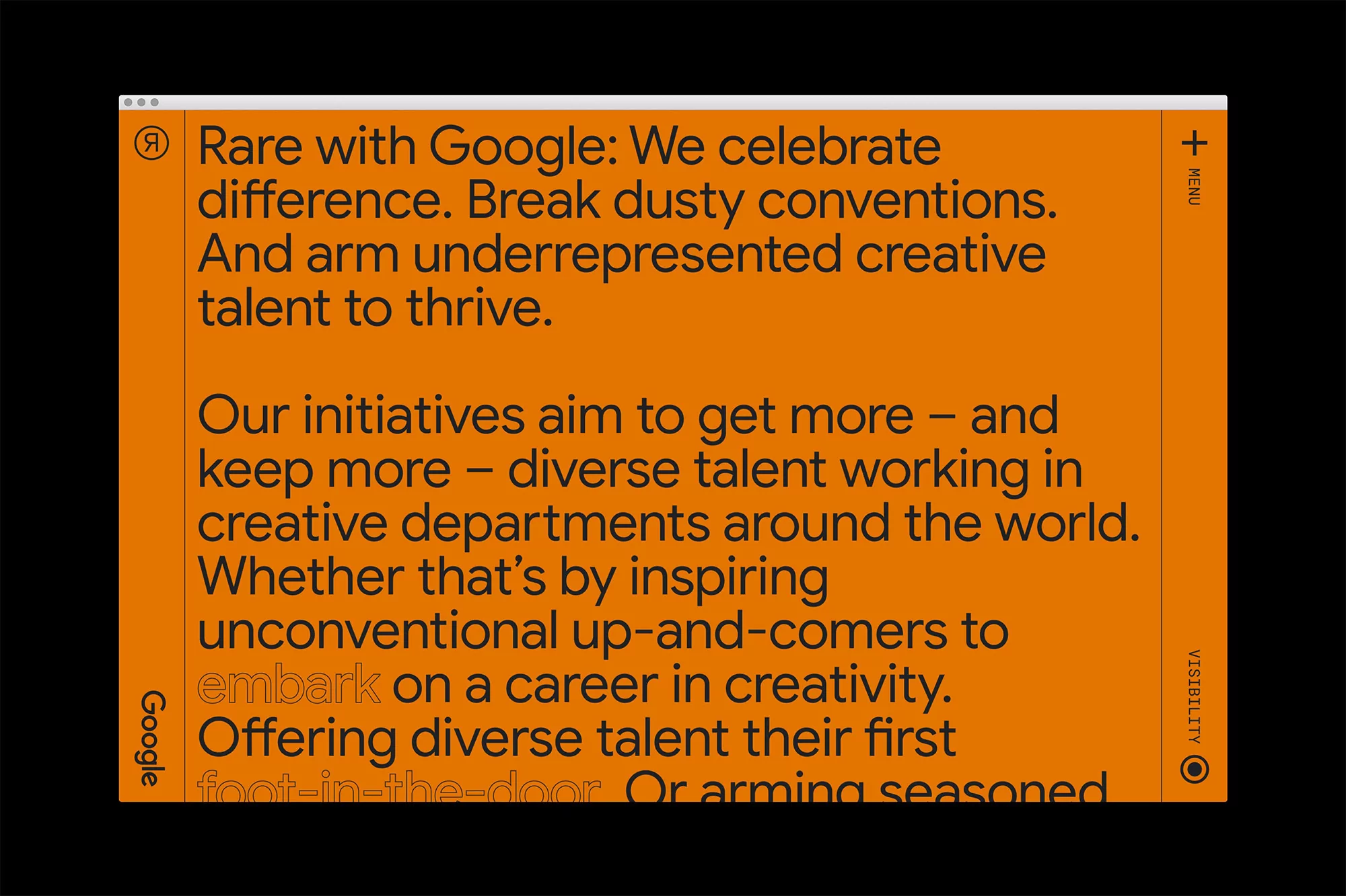 Website design for Google Rare program with orange background, featuring text about celebrating difference and creative talent.