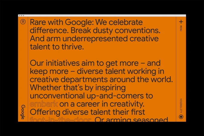 Website design for Google Rare program with orange background, featuring text about celebrating difference and creative talent.