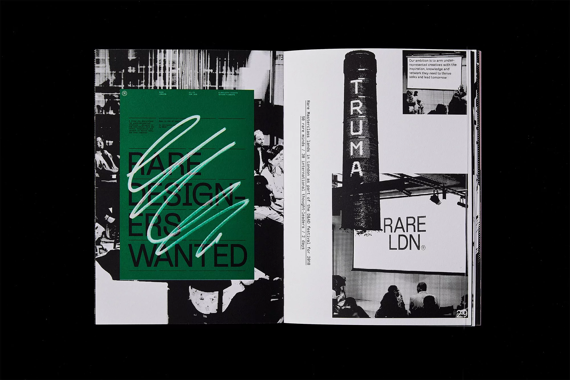 Opened magazine with green graphic design on left page and black-and-white photos/text collage layout on right page, viewed from above.